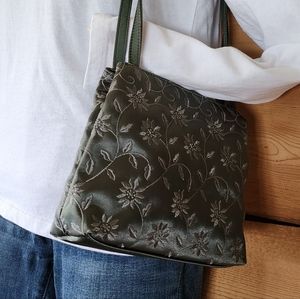 Nine West Gray/Green Cross- body Ebroydered Satin Bag
